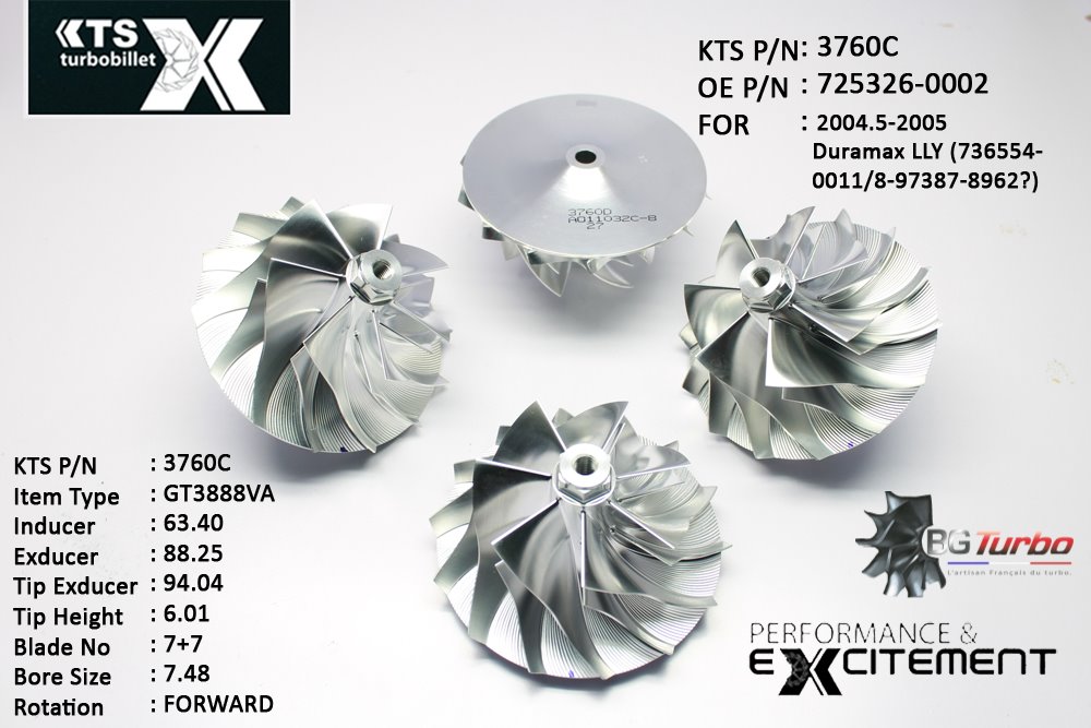 Turbo ROUE FORGÉE MFS PERFORMANCE - 7+7 PALES - INDUCER : 63,4 - EXDUCER : 88,25 - TYPE : GT3788VAANGLE : 60° - ROTATION : Forward - SUPER BACK : 5,3 - BORE SIZE : 7,48
